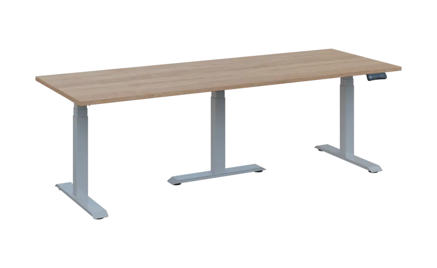 FLEXIMEET 220-80 výškově nastavitelný stůl, kovová podnož stříbrná, deska 25 mm, široký 2200 mm, dub bardolino